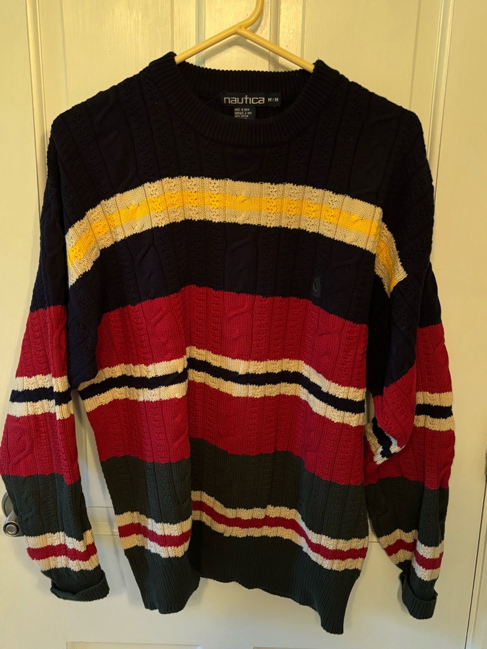 Nautica Men's Multicolor Cable Knit Stripe Sweater - Navy/Red/Green